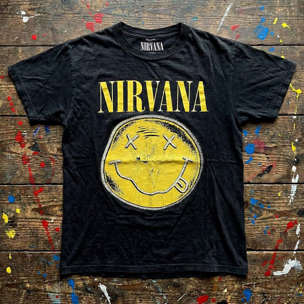 Nirvana Unisex Premium Carbon T-Shirt: Happy Face Infill Distressed (Black)