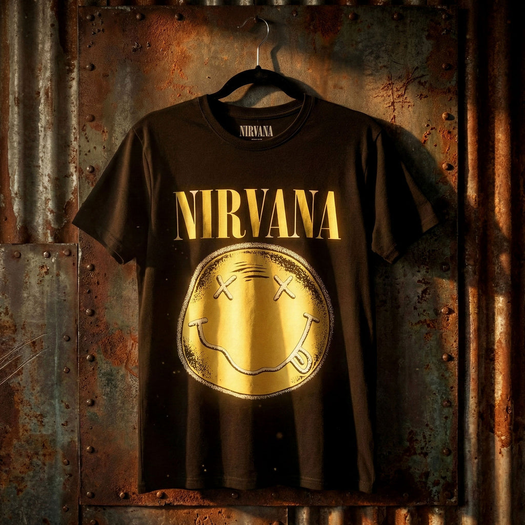 Nirvana Unisex Premium Carbon T-Shirt: Happy Face Infill Distressed (Black)