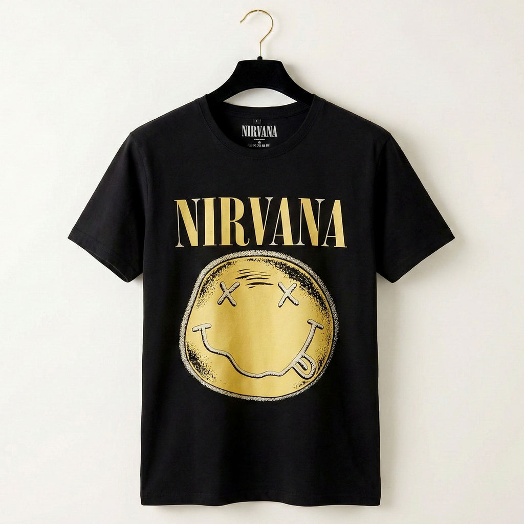 Nirvana Unisex Premium Carbon T-Shirt: Happy Face Infill Distressed (Black)