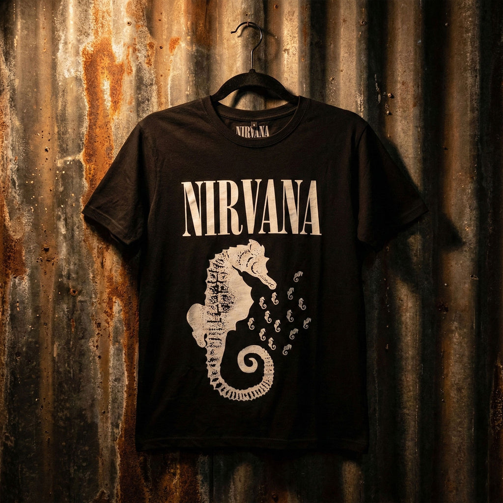 Nirvana Unisex Premium Carbon T-Shirt: Seahorse & Logo Mono (Black)