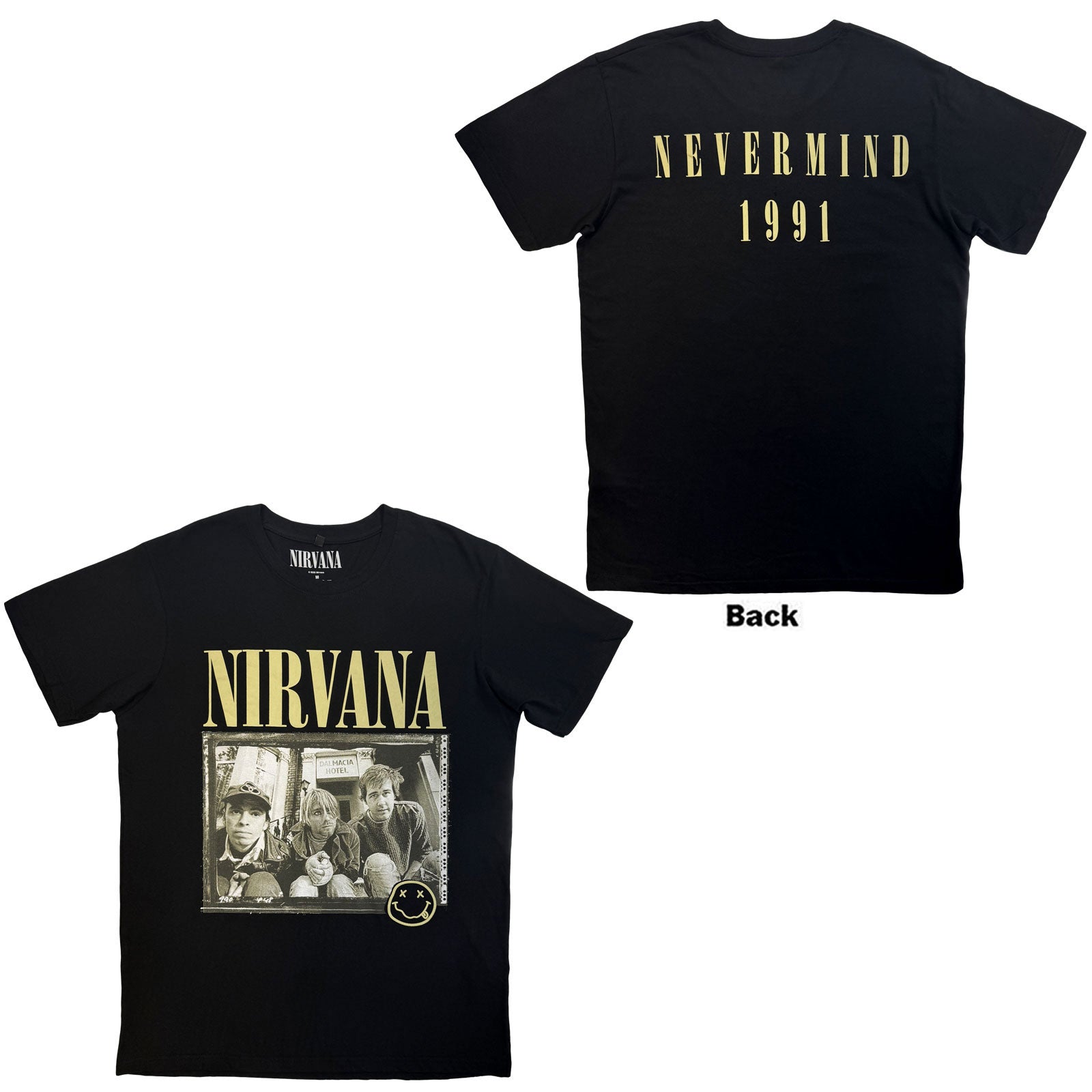 Nirvana Unisex Premium Carbon T-Shirt: Nevermind '91 Hotel Photo (Black) (Back Print)