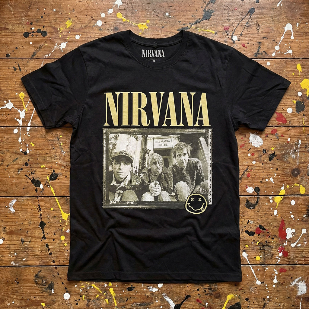 Nirvana Unisex Premium Carbon T-Shirt: Nevermind '91 Hotel Photo (Black) (Back Print)