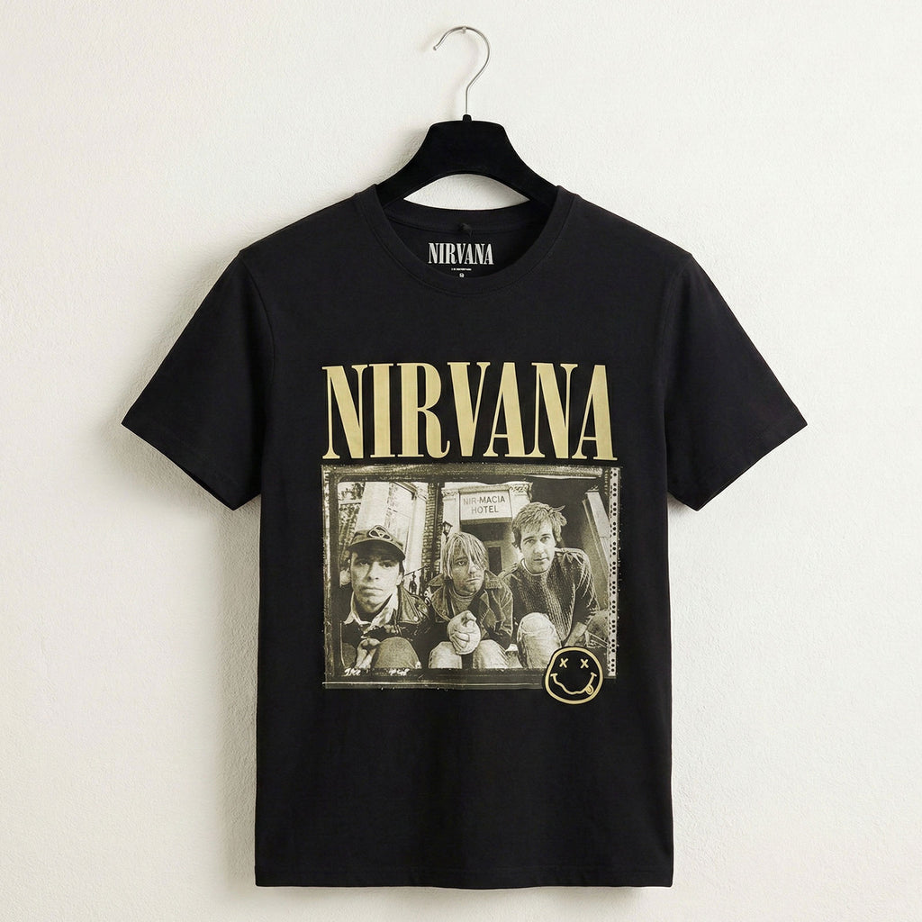Nirvana Unisex Premium Carbon T-Shirt: Nevermind '91 Hotel Photo (Black) (Back Print)