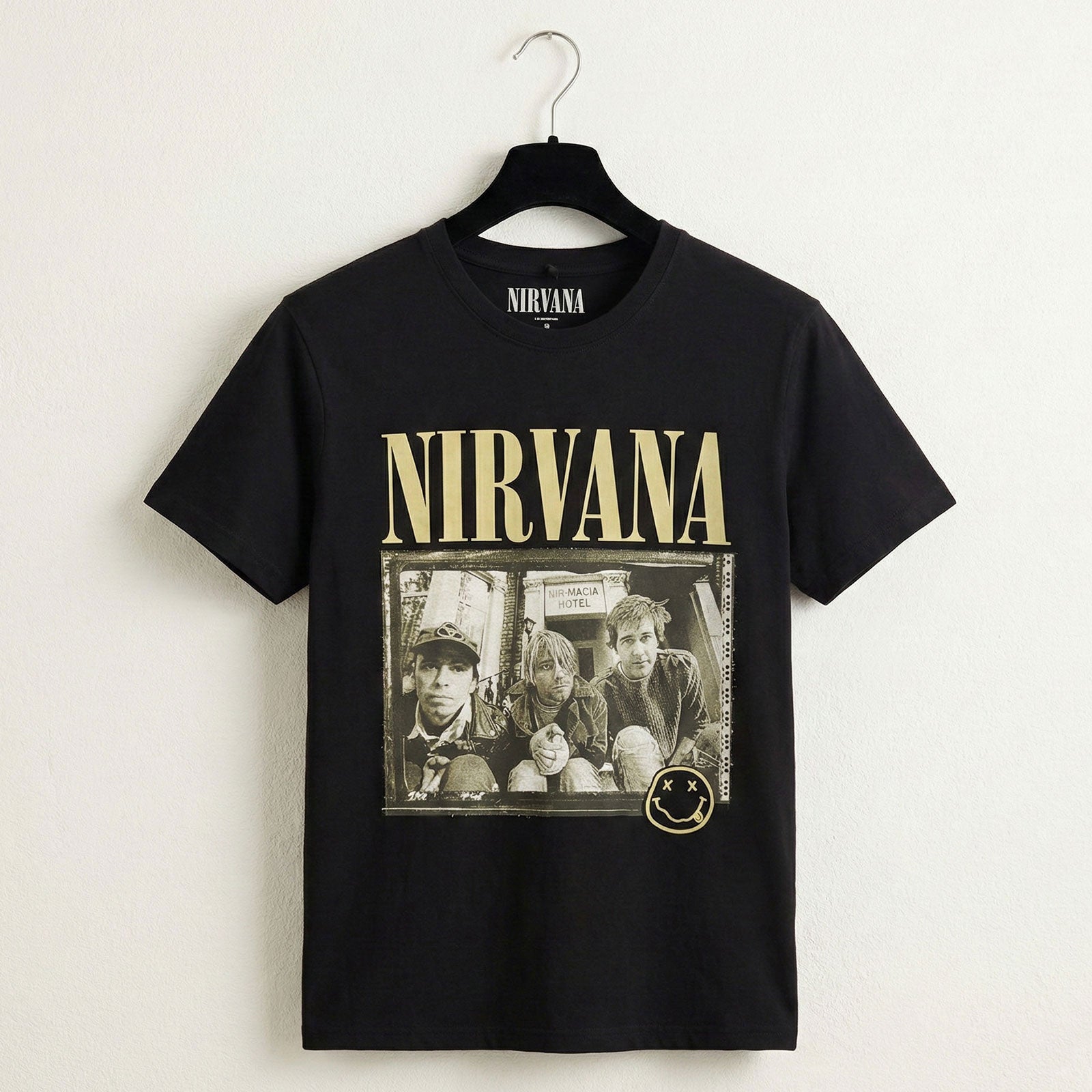 Nirvana Unisex Premium Carbon T-Shirt: Nevermind '91 Hotel Photo (Black) (Back Print)