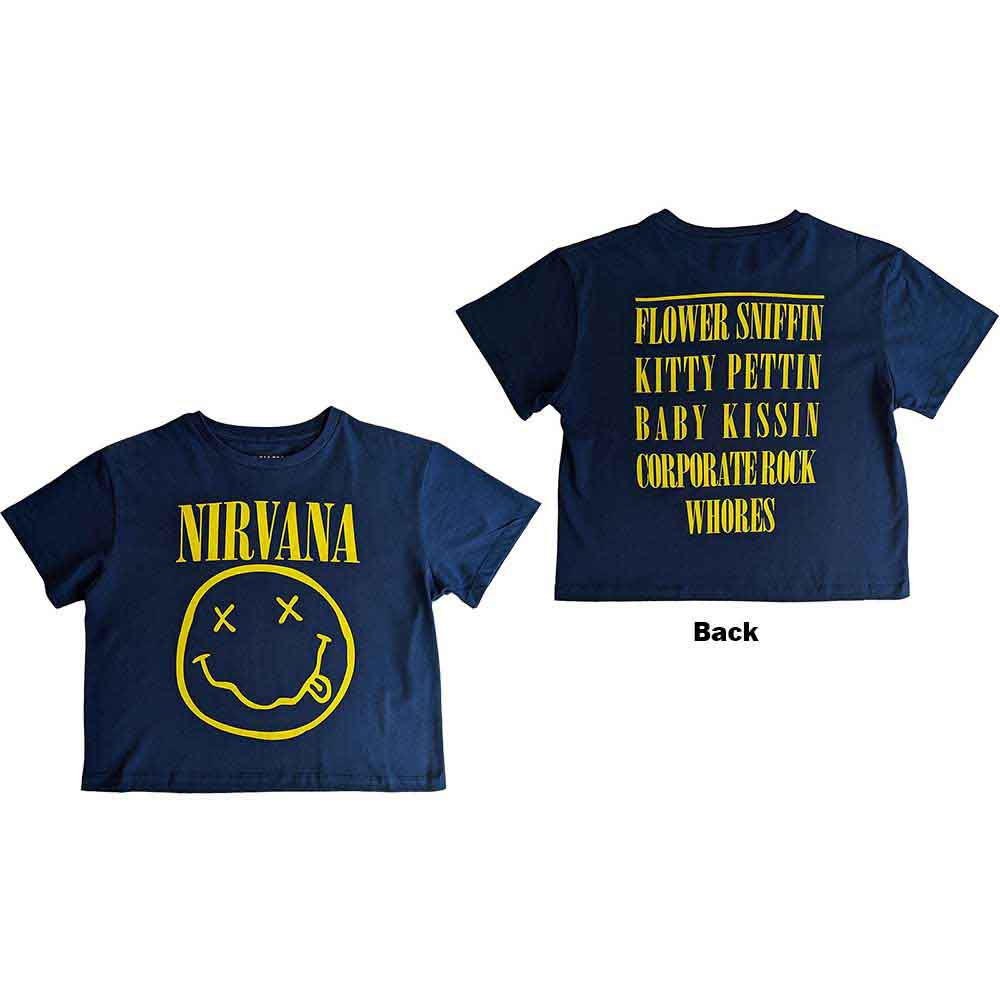 Nirvana Ladies Crop Top: Yellow Happy Face Flower Sniffin (Denim Blue) (Back Print)