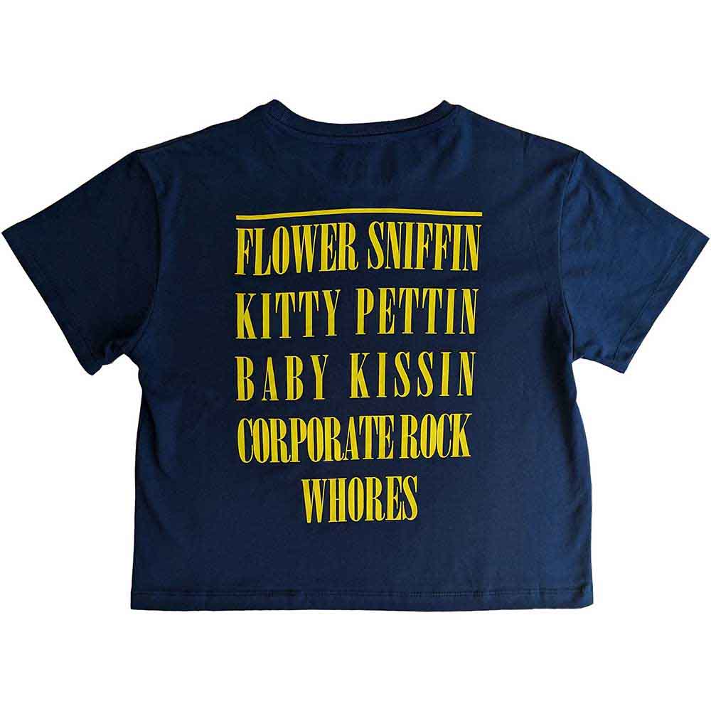 Nirvana Ladies Crop Top: Yellow Happy Face Flower Sniffin (Denim Blue) (Back Print)