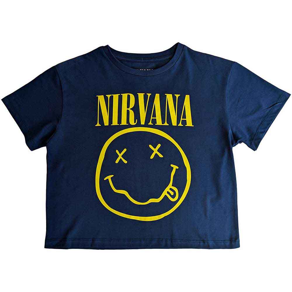 Nirvana Ladies Crop Top: Yellow Happy Face Flower Sniffin (Denim Blue) (Back Print)