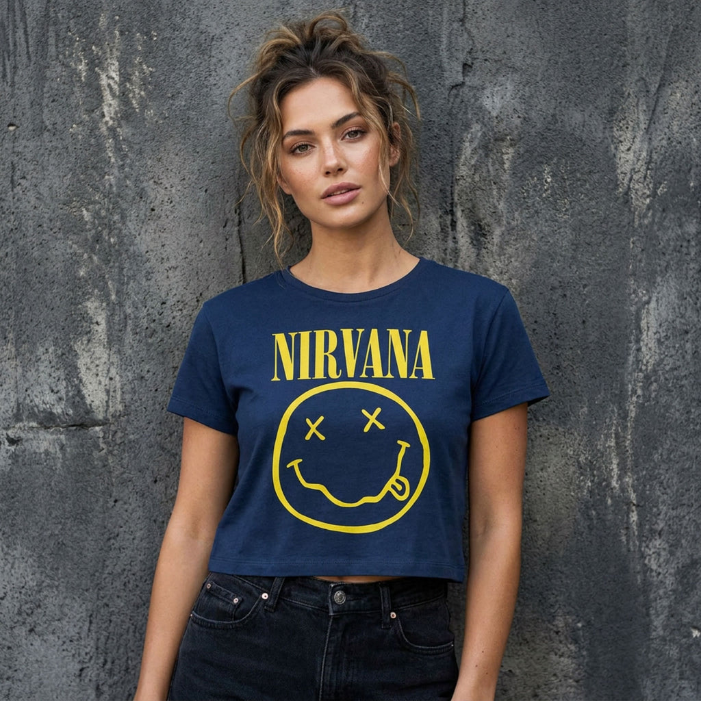 Nirvana Ladies Crop Top: Yellow Happy Face Flower Sniffin (Denim Blue) (Back Print)