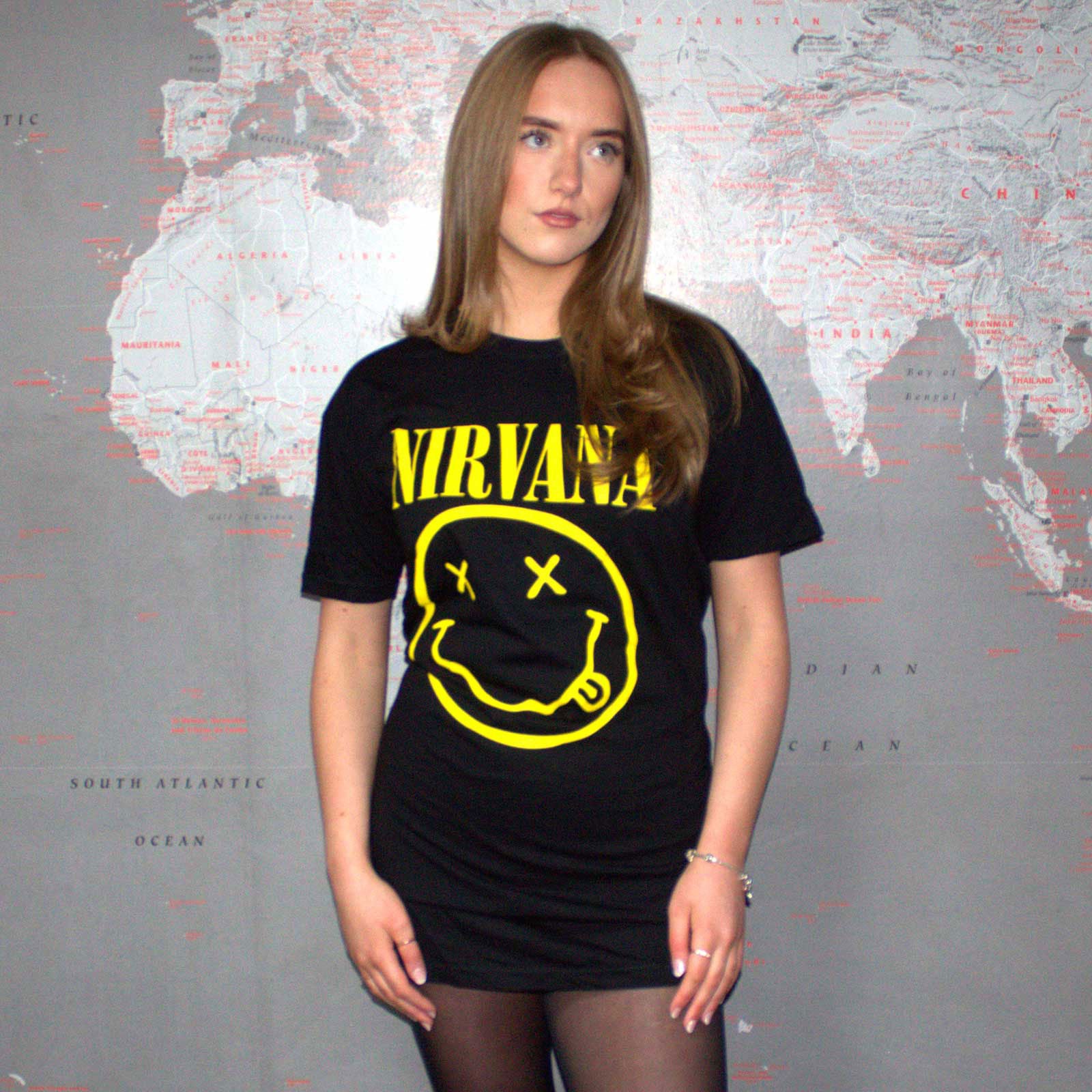Nirvana Ladies T-Shirt Dress: Yellow Happy Face (Black)