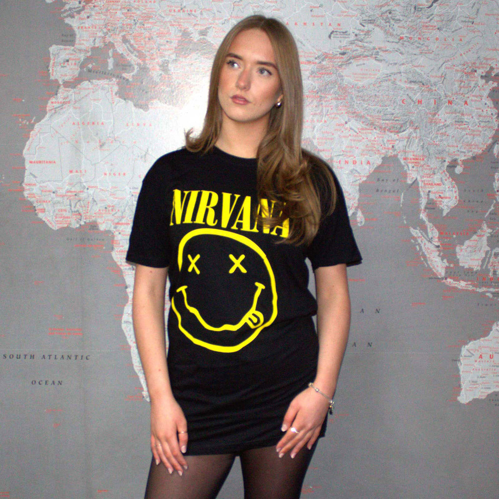 Nirvana Ladies T-Shirt Dress: Yellow Happy Face (Black)
