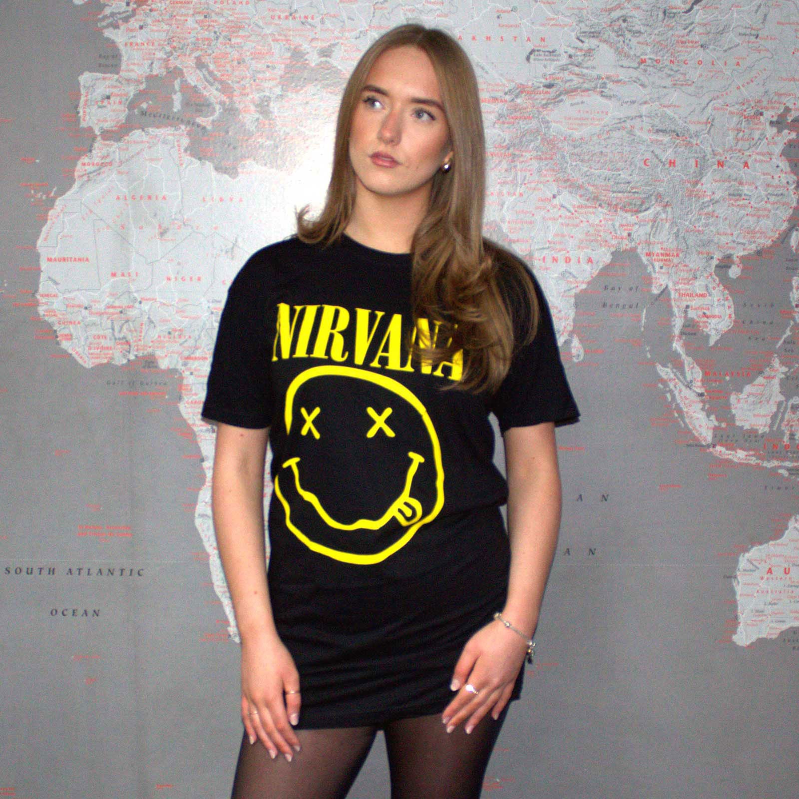 Nirvana Ladies T-Shirt Dress: Yellow Happy Face (Black)