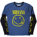 Nirvana Unisex Layered Long Sleeve T-Shirt: Yellow Happy Face (Denim Blue & Black) (Sleeve Print)