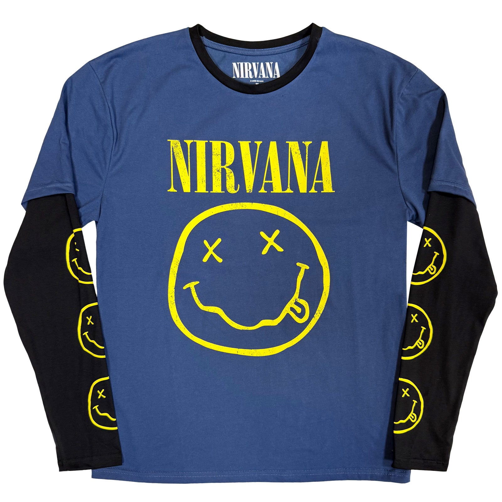 Nirvana Unisex Layered Long Sleeve T-Shirt: Yellow Happy Face (Denim Blue & Black) (Sleeve Print)