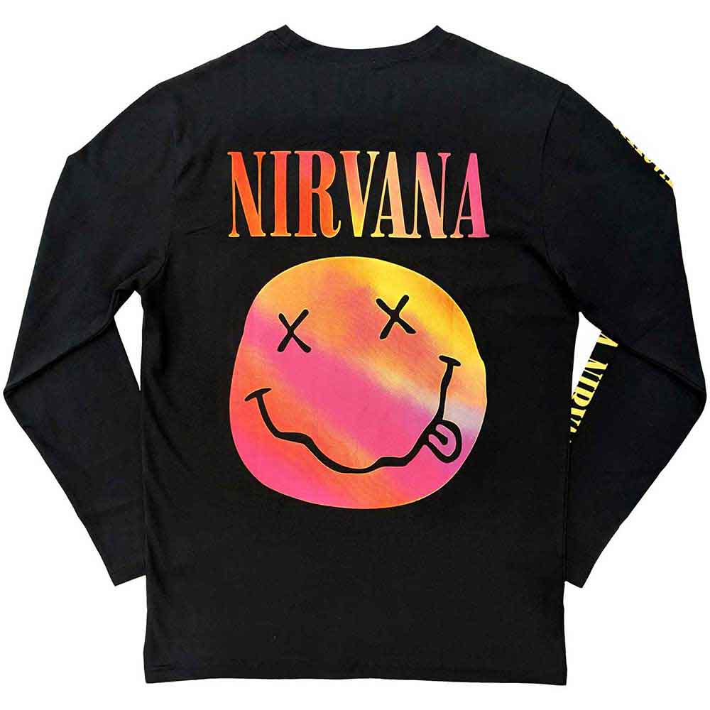 Nirvana Unisex Long Sleeve T-Shirt: Gradient Happy Face (Black) (Back & Sleeve Print)