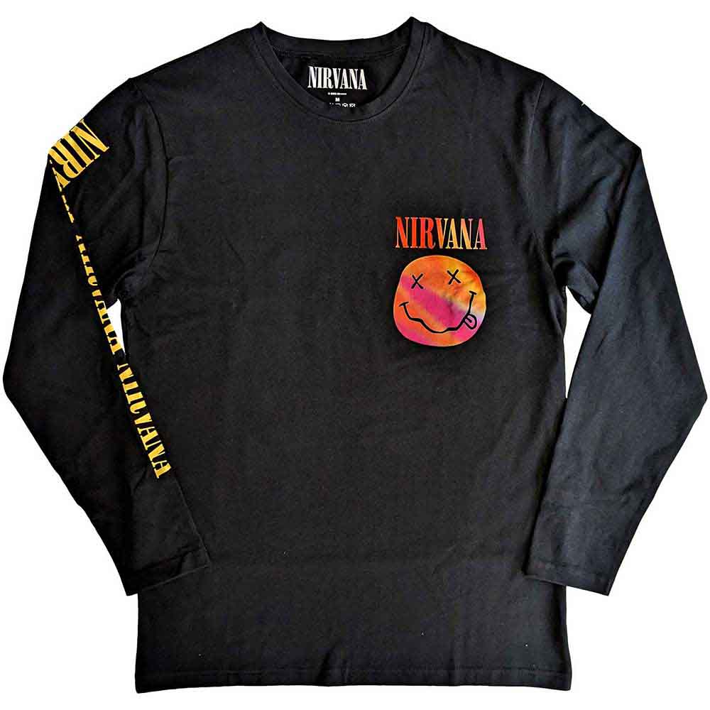 Nirvana Unisex Long Sleeve T-Shirt: Gradient Happy Face (Black) (Back & Sleeve Print)