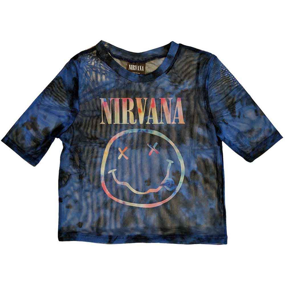 Nirvana Ladies Mesh Crop Top: Pastel Happy Face (Blue)