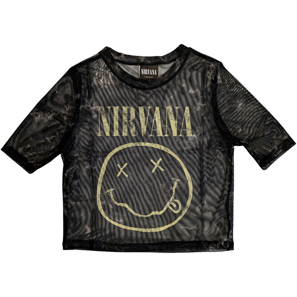 Nirvana Ladies Mesh Crop Top: Yellow Happy Face (Black)