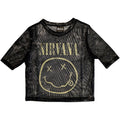 Nirvana Ladies Mesh Crop Top: Yellow Happy Face (Black)