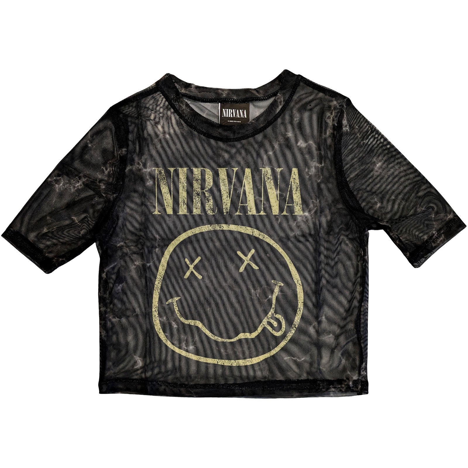 Nirvana Ladies Mesh Crop Top: Yellow Happy Face (Black)
