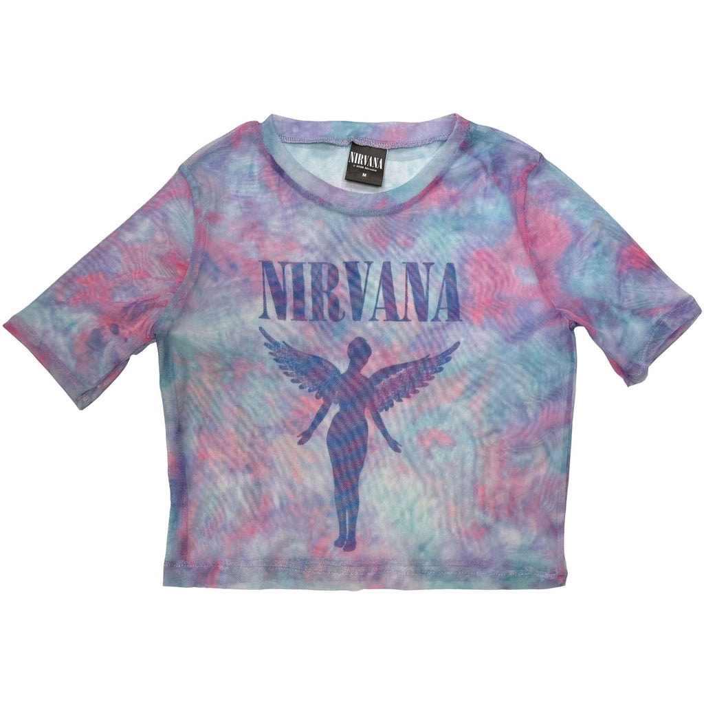 Nirvana Ladies Mesh Crop Top: Angelic Blue Mono (White)