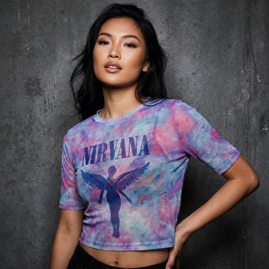 Nirvana Ladies Mesh Crop Top: Angelic Blue Mono (White)