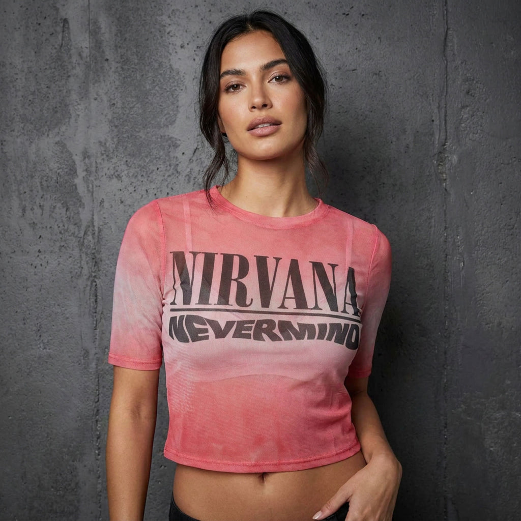 Nirvana Ladies Mesh Crop Top: Nevermind Wavy Logo (Pink)