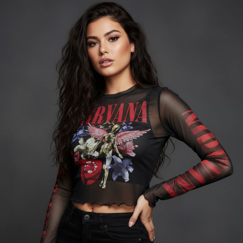 Nirvana Ladies Long Sleeve Mesh Crop Top: In Utero Vintage Collage (Black)
