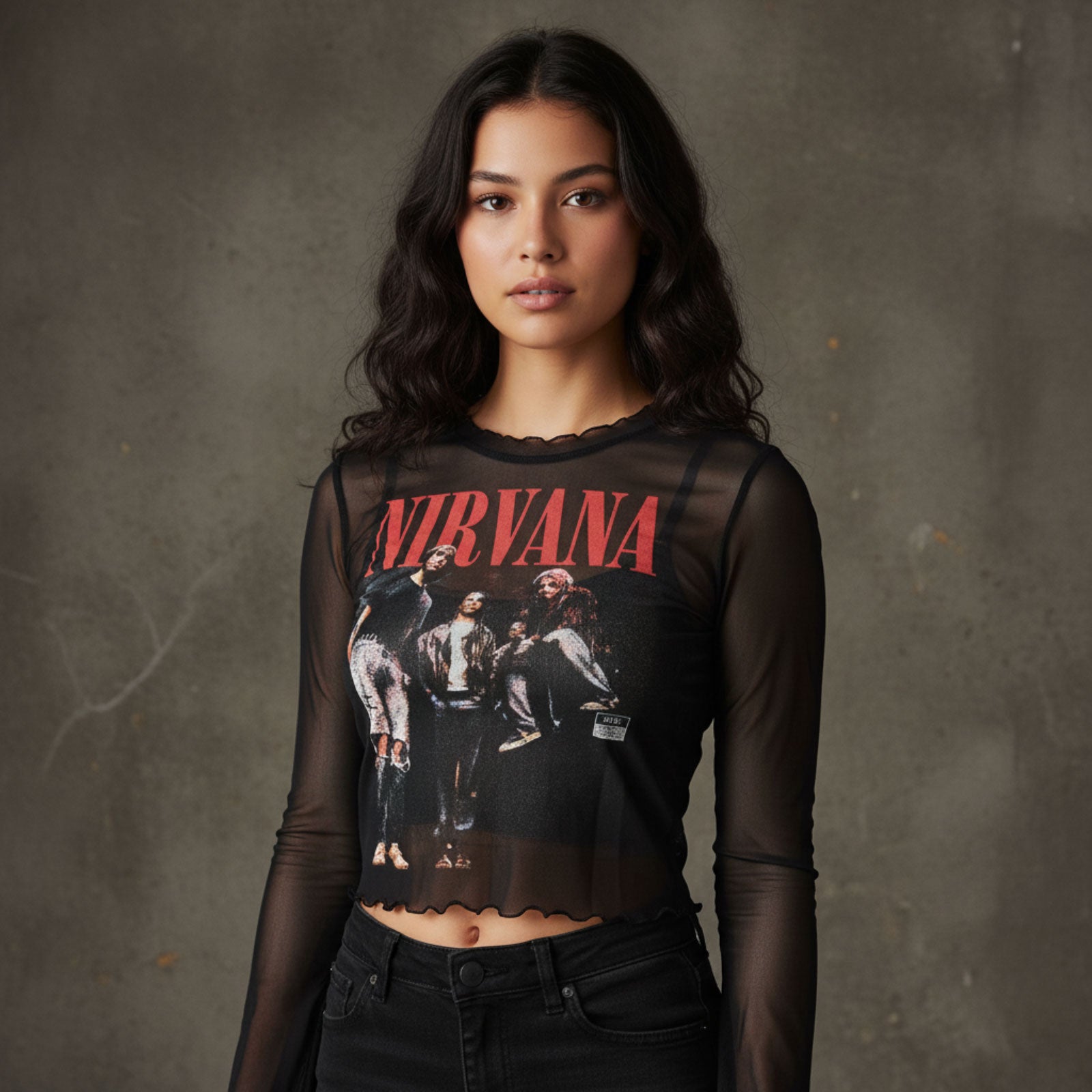 Nirvana Ladies Long Sleeve Mesh Crop Top: In Utero Band Photo (Black)