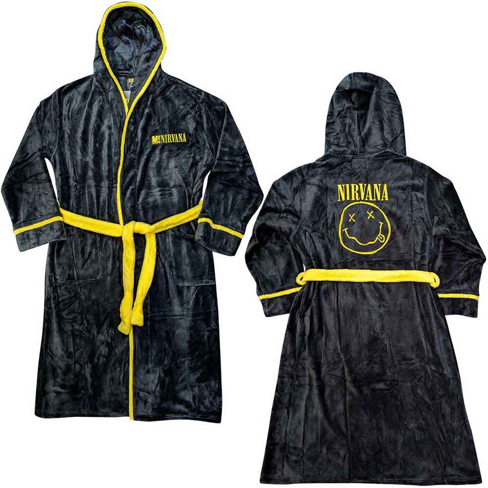 Nirvana Unisex Bathrobe: Yellow Happy Face (Black) (Back Print)