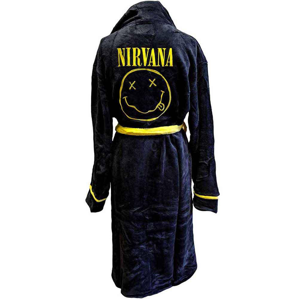 Nirvana Unisex Bathrobe: Yellow Happy Face (Black) (Back Print)
