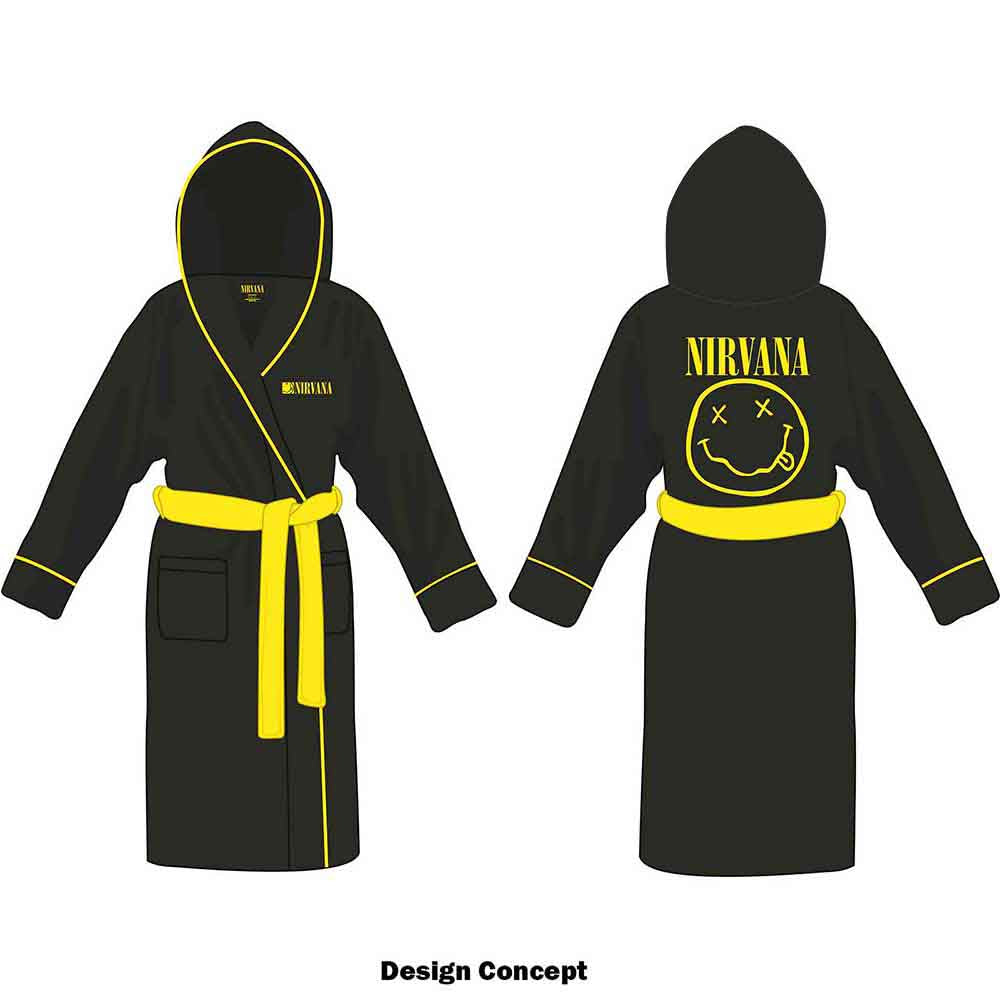 Nirvana Unisex Bathrobe: Yellow Happy Face (Black) (Back Print)