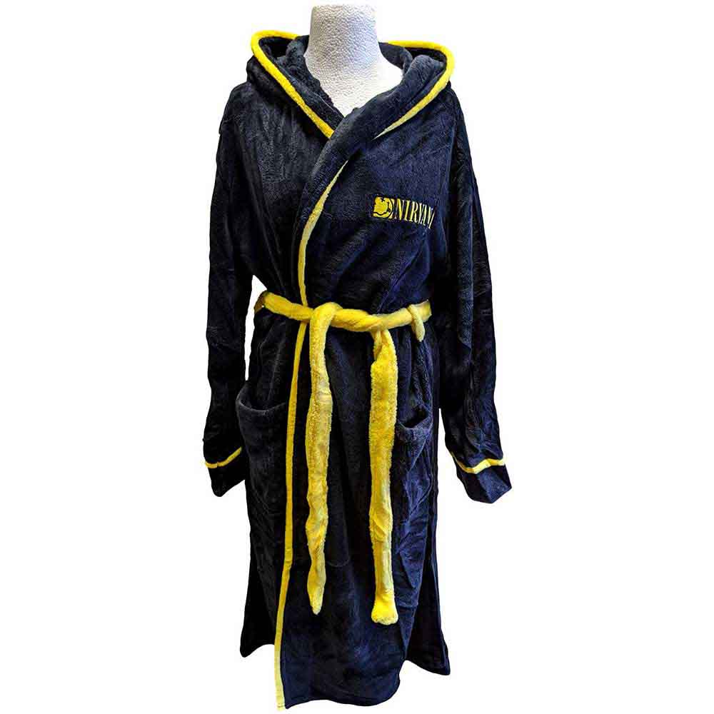Nirvana Unisex Bathrobe: Yellow Happy Face (Black) (Back Print)