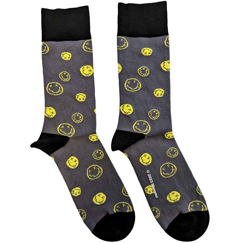 Nirvana Unisex Ankle Socks: Mixed Happy Faces (Charcoal Grey) (UK Size 7 - 11)