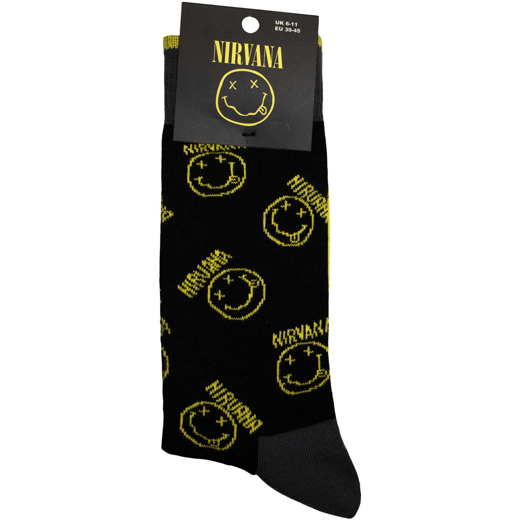 Nirvana Unisex Ankle Socks: Yellow Happy Face Pattern (Black) (UK Size 6 - 11)