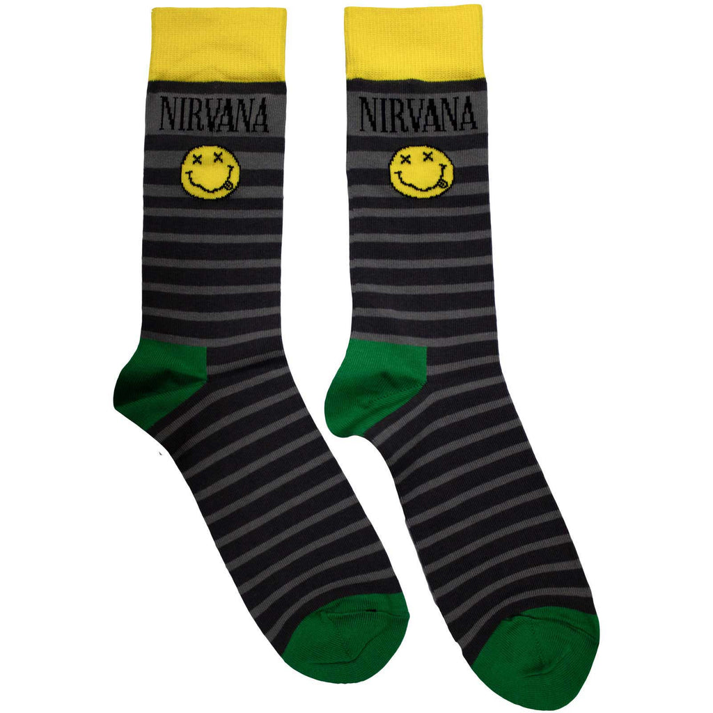 Nirvana Unisex Ankle Socks: Happy Face & Logo Stripes (Grey) (UK Size 6 - 11)