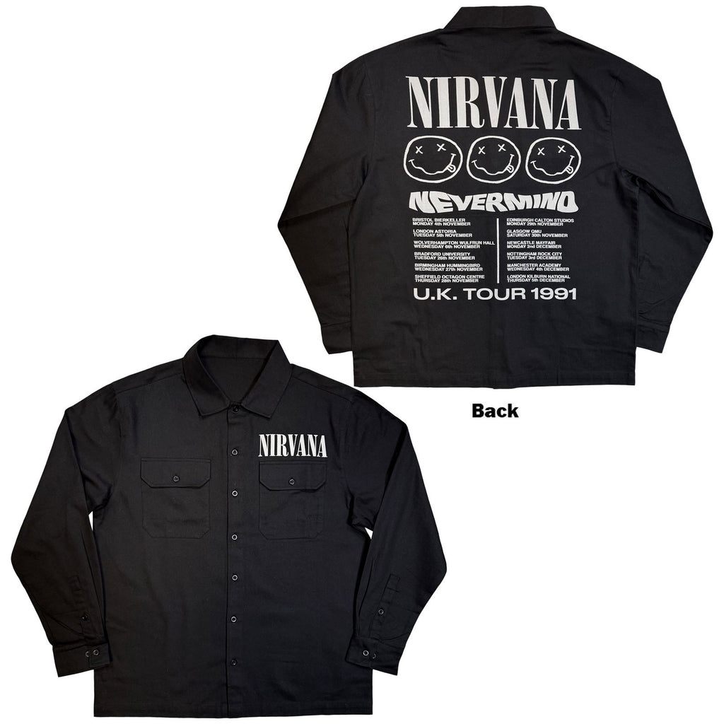 Nirvana Unisex Casual Shirt: Nevermind UK Tour '91 (Black) (Back Print)