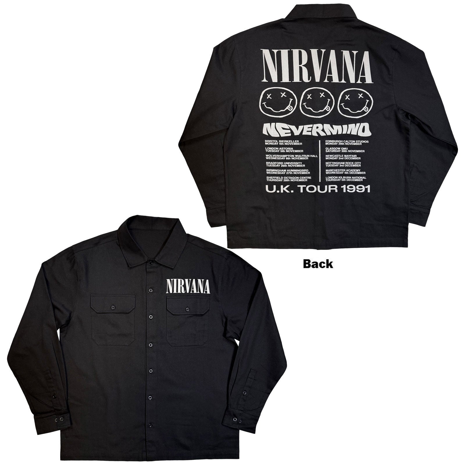 Nirvana Unisex Casual Shirt: Nevermind UK Tour '91 (Black) (Back Print)