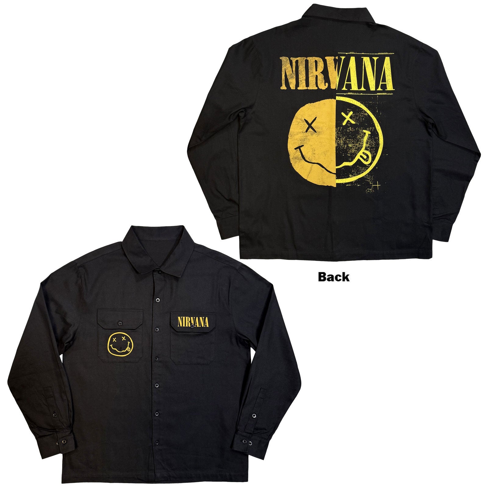 Nirvana Unisex Casual Shirt: Logos Split (Black) (Back Print)