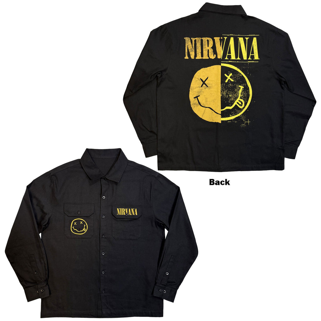 Nirvana Unisex Casual Shirt: Logos Split (Black) (Back Print)