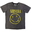 Nirvana Unisex Stone Wash T-Shirt: Yellow Happy Face (Charcoal Grey)