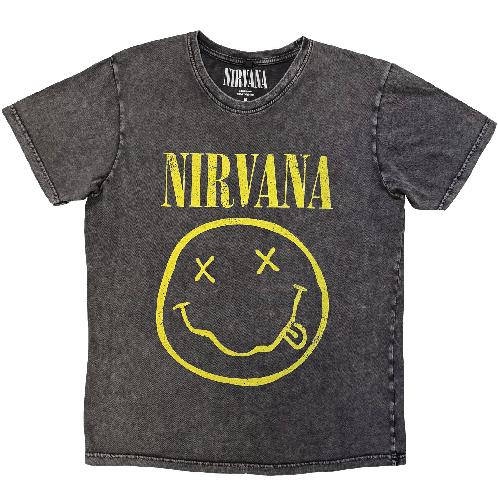 Nirvana Unisex Stone Wash T-Shirt: Yellow Happy Face (Charcoal Grey)