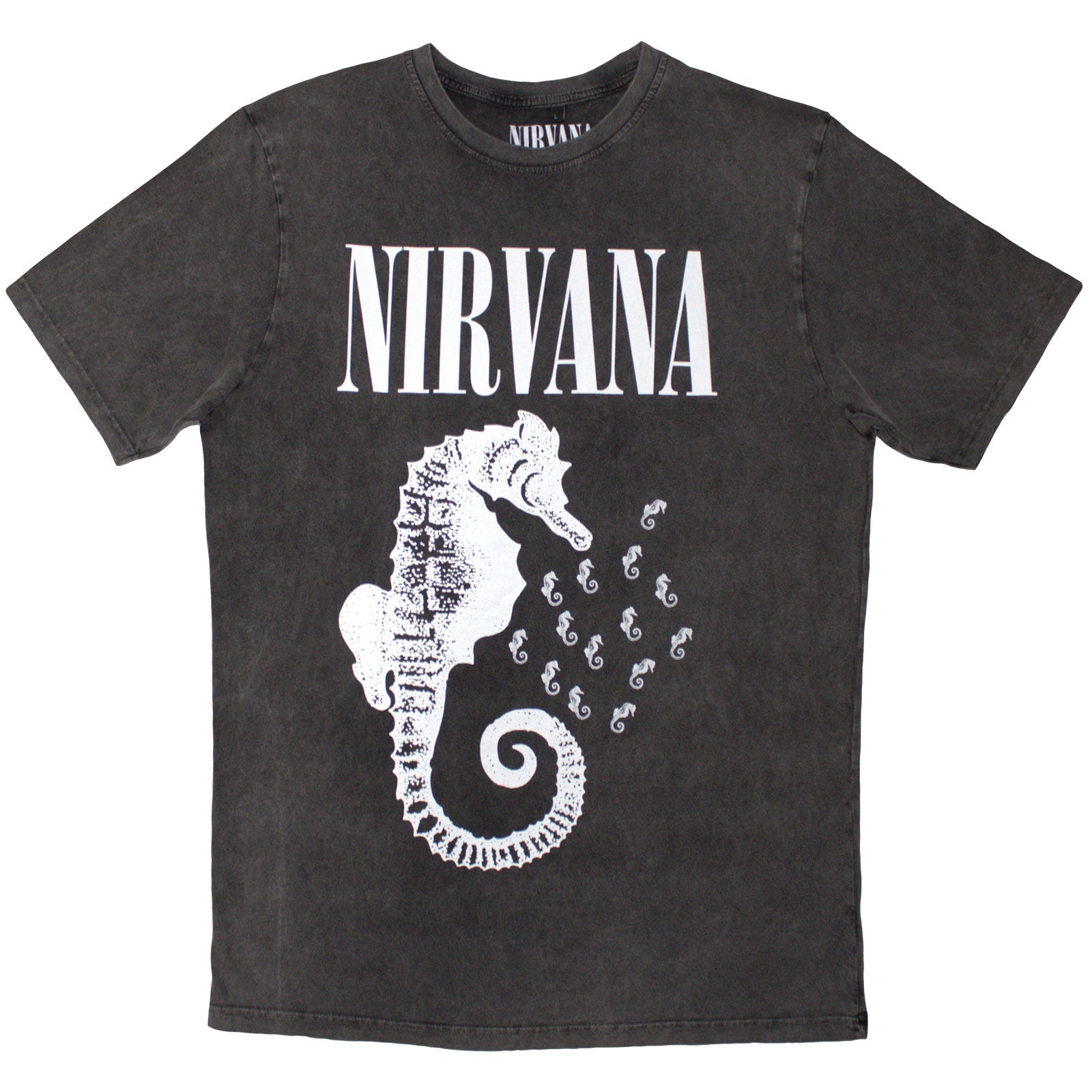Nirvana Unisex Stone Wash T-Shirt: Seahorse & Logo Mono (Charcoal Grey)