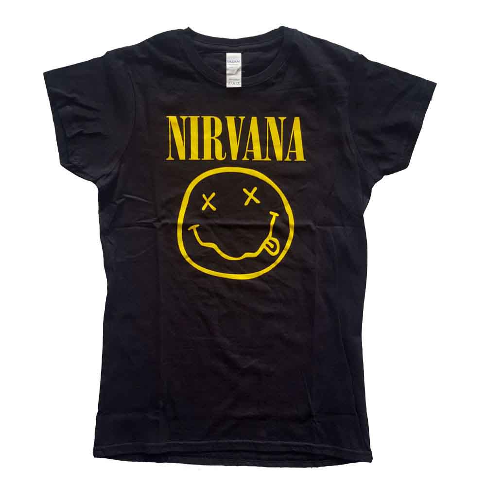 Nirvana Ladies T-Shirt: Yellow Happy Face (Black)
