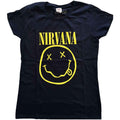 Nirvana Ladies T-Shirt: Yellow Happy Face (Navy Blue)