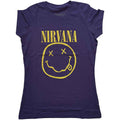 Nirvana Ladies T-Shirt: Yellow Happy Face (Purple)