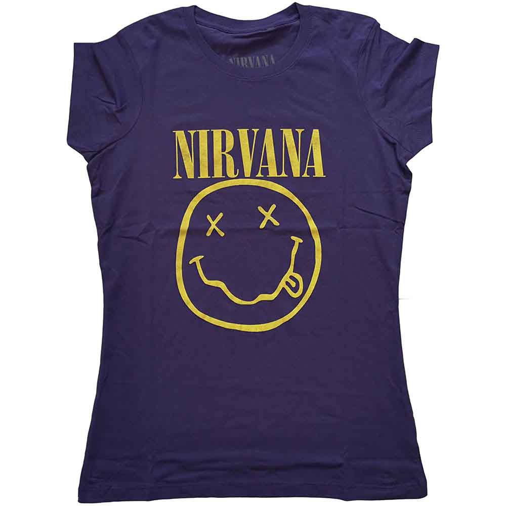 Nirvana Ladies T-Shirt: Yellow Happy Face (Purple)