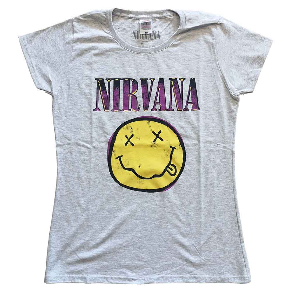 Nirvana Ladies T-Shirt: Xerox Happy Face Pink (Heather Grey)