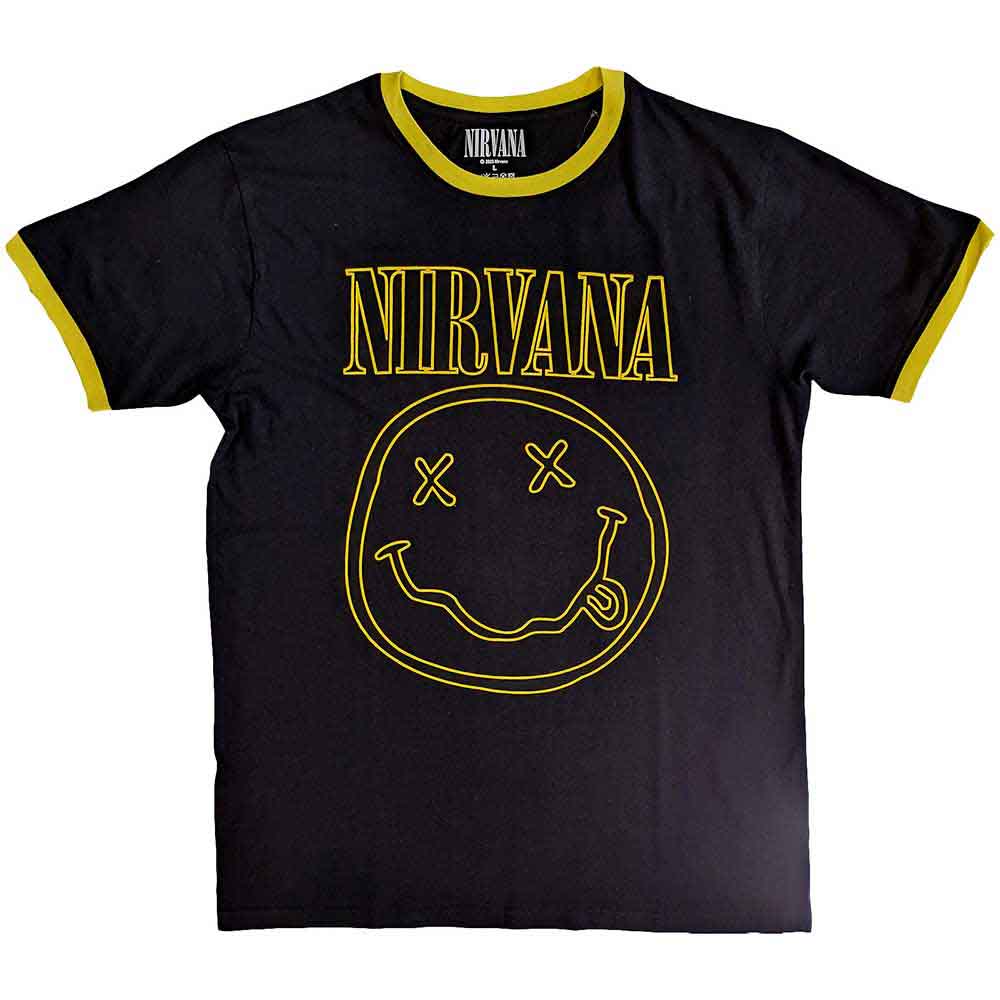 Nirvana Unisex Ringer T-Shirt: Outline Happy Face (Black)