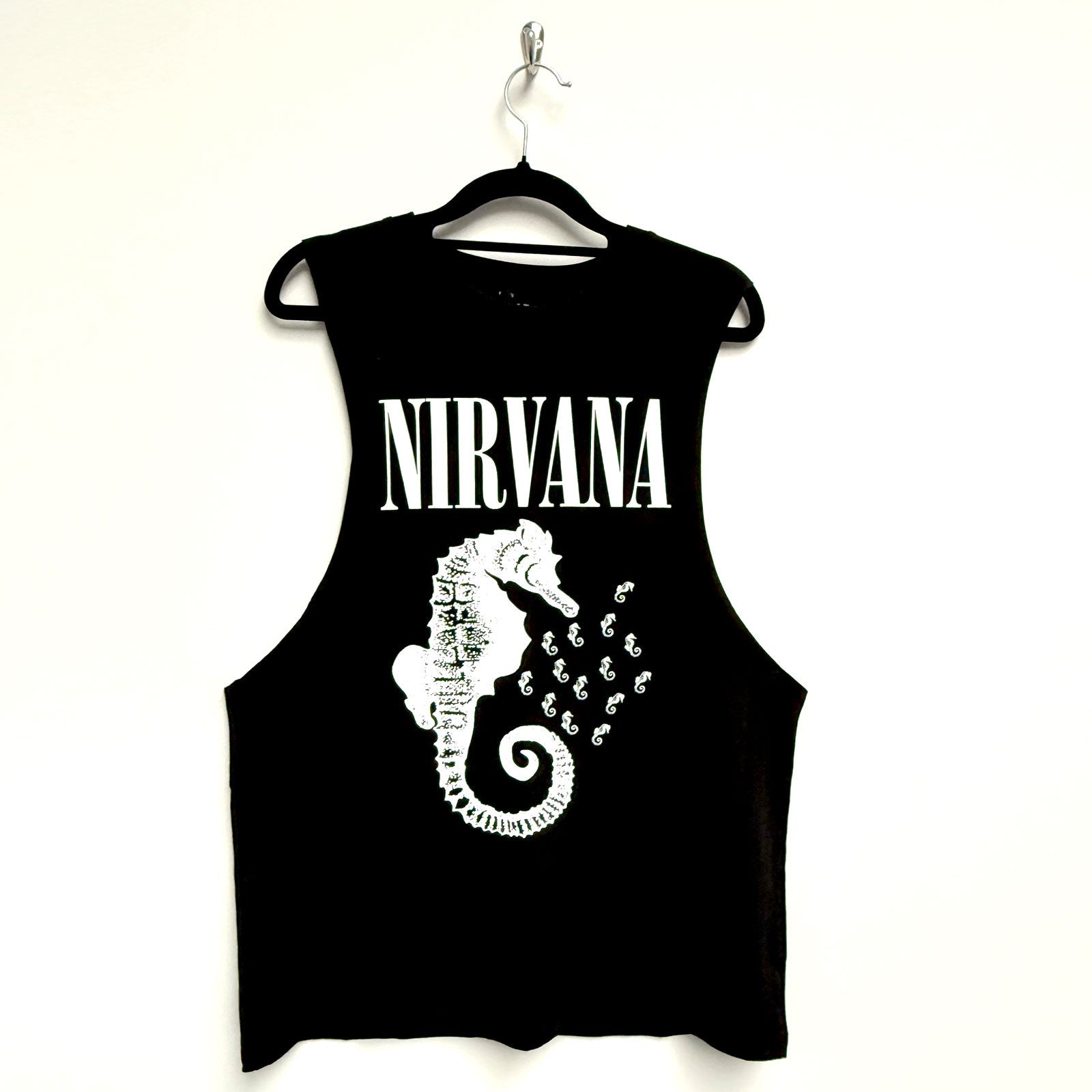 Nirvana Unisex Vest T-Shirt: Seahorse & Logo Mono (Black)