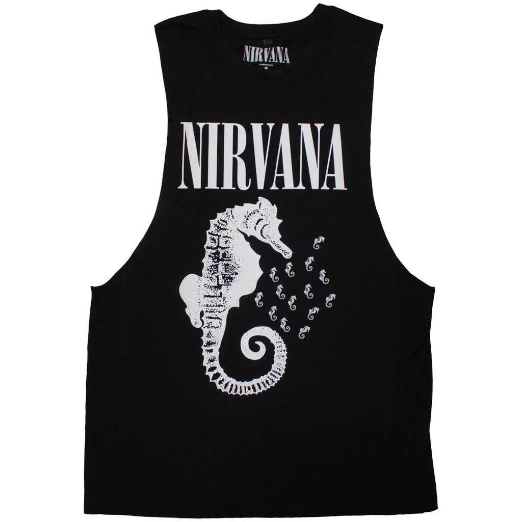 Nirvana Unisex Vest T-Shirt: Seahorse & Logo Mono (Black)